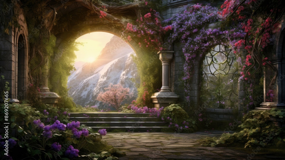 Mystical garden with stone archway, overgrown with flowers and plants. Mystical garden with stone archway, overgrown with flowers and plants.