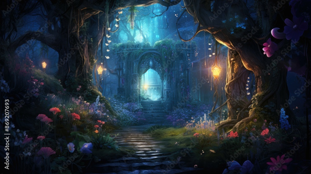 Mystical night forest with glowing mushrooms and flowers. A stone path leads to a temple in the distance. Mystical night forest with glowing mushrooms and flowers. A stone path leads to a temple in the distance.