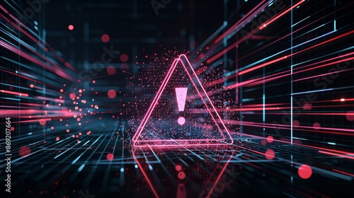 Glowing pink triangular warning sign with exclamation mark floats in digital space. Luminous blue grid lines rush towards center, creating illusion of depth. 
