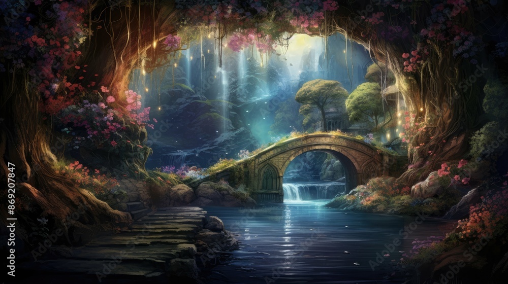 The image is a beautiful landscape of a magical forest. There is a stone bridge in the middle of the image, and a river flowing under it. The image is a beautiful landscape of a magical forest. There is a stone bridge in the middle of the image, and a river flowing under it.
