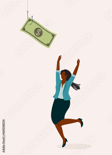 Concept Of Money Scam. Black Businesswoman Chasing Money With A Fishing Hook.