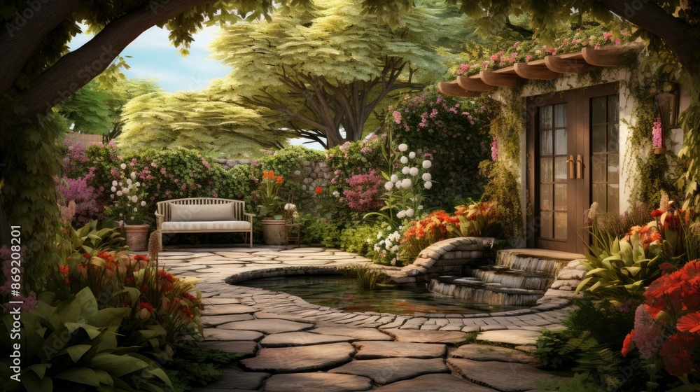 Fototapeta premium A beautiful garden with a stone path, a pond with a waterfall, and a bench under a tree.