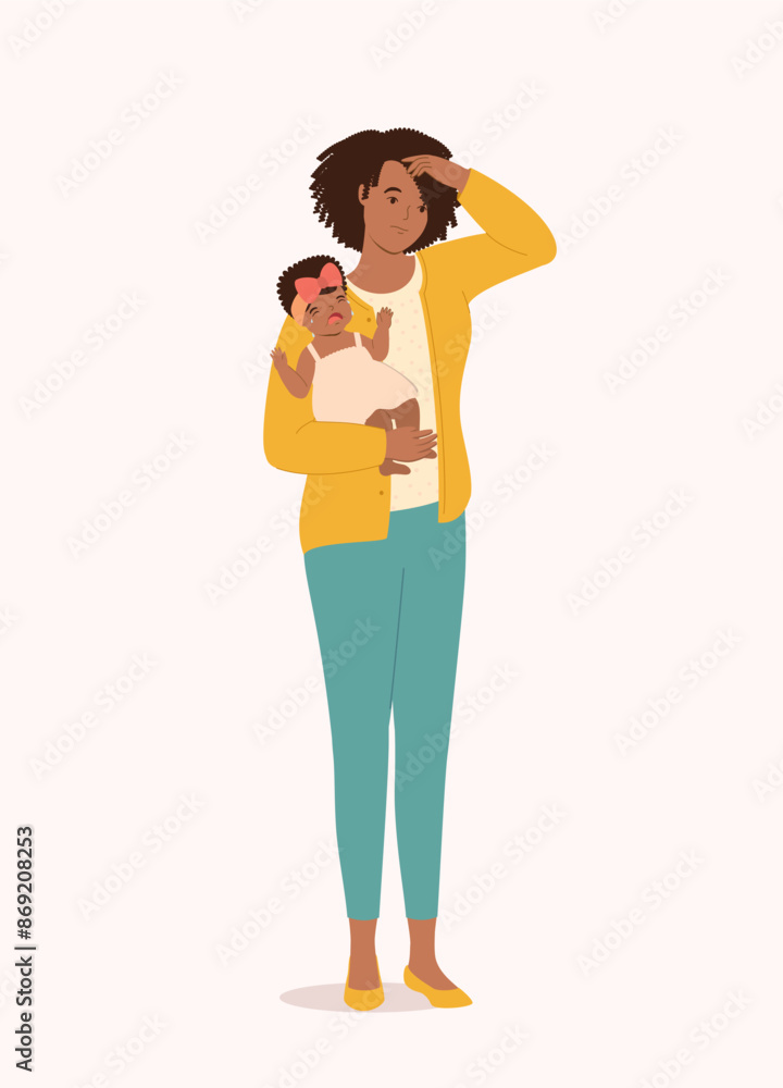 Stay-At-Home Black Mother Stressed By Taking Care Of Her Crying Baby Girl. Full Length. Stay-At-Home Black Mother Stressed By Taking Care Of Her Crying Baby Girl. Full Length.