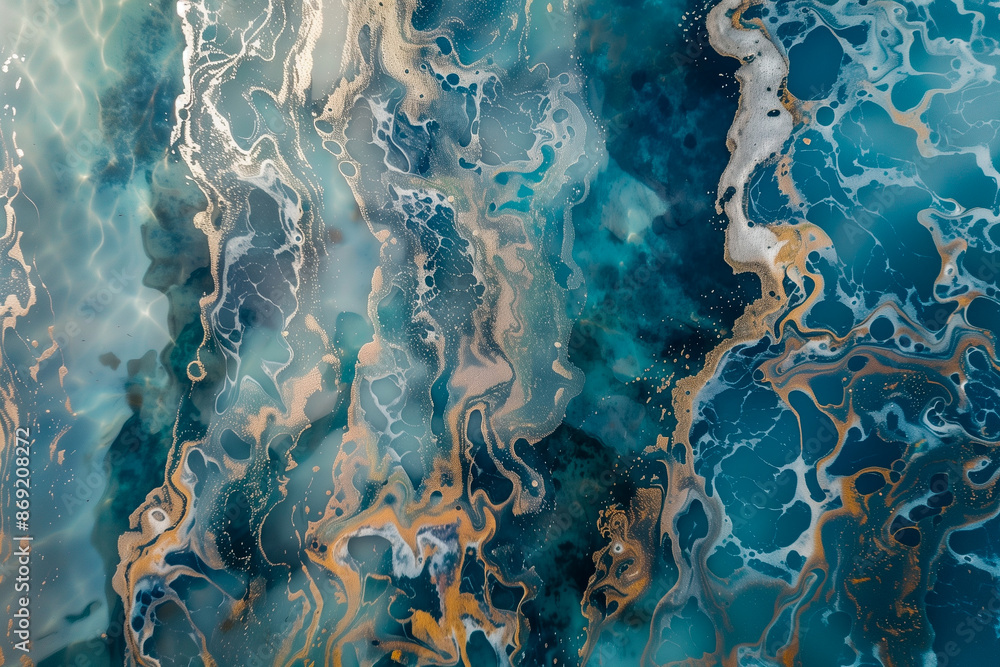 Naklejka premium abstract aerial view of ocean waves meeting sandy shore in blue and gold tones, showcasing fluid artistic patterns