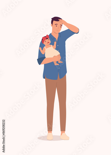 Stay-At-Home Father Stressed By Taking Care Of His Crying Baby Girl.