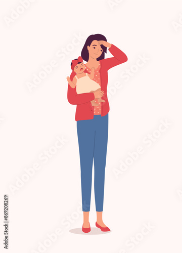 Stay-At-Home Mother Stressed By Taking Care Of Her Crying Baby Girl.