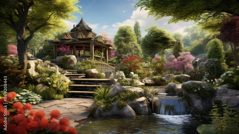 Fototapeta premium A beautiful landscape with a traditional Japanese garden. A small waterfall flows into a pond, and a stone path leads to a pavilion in the distance.