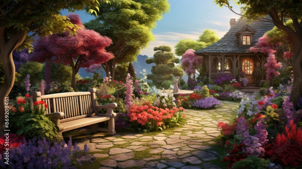 A beautiful garden with a stone path leading to a small cottage. A beautiful garden with a stone path leading to a small cottage.