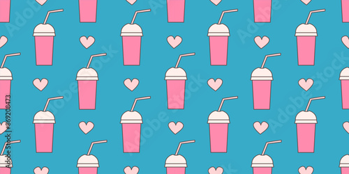 cute lovely hand drawn seamless vector pattern illustration with pink smoothies cup and hearts on blue background
