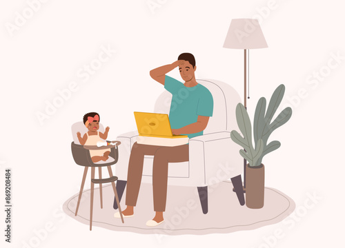 Stressful Black Father Overwhelmed By Taking Care Of His Baby Girl While Working At Home.