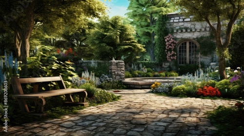 A beautiful garden with a stone path, a bench, and a fountain. The garden is full of flowers and greenery, and it is surrounded by trees. © BozStock