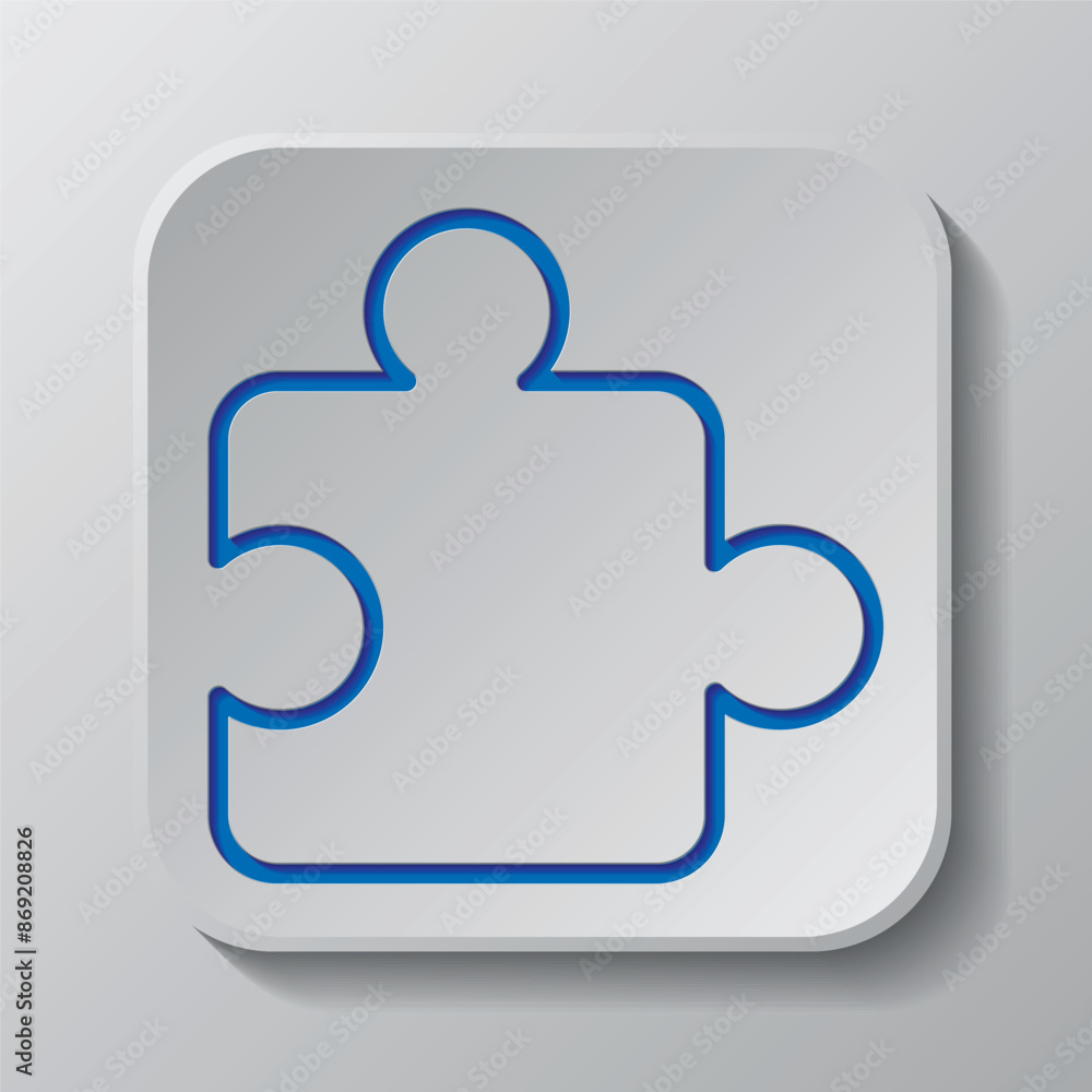 Puzzle vector simple icon. Flat design. Paper cut design. Cutted blue symbol with shadow. Gray badge button, gray background Puzzle vector simple icon. Flat design. Paper cut design. Cutted blue symbol with shadow. Gray badge button, gray background