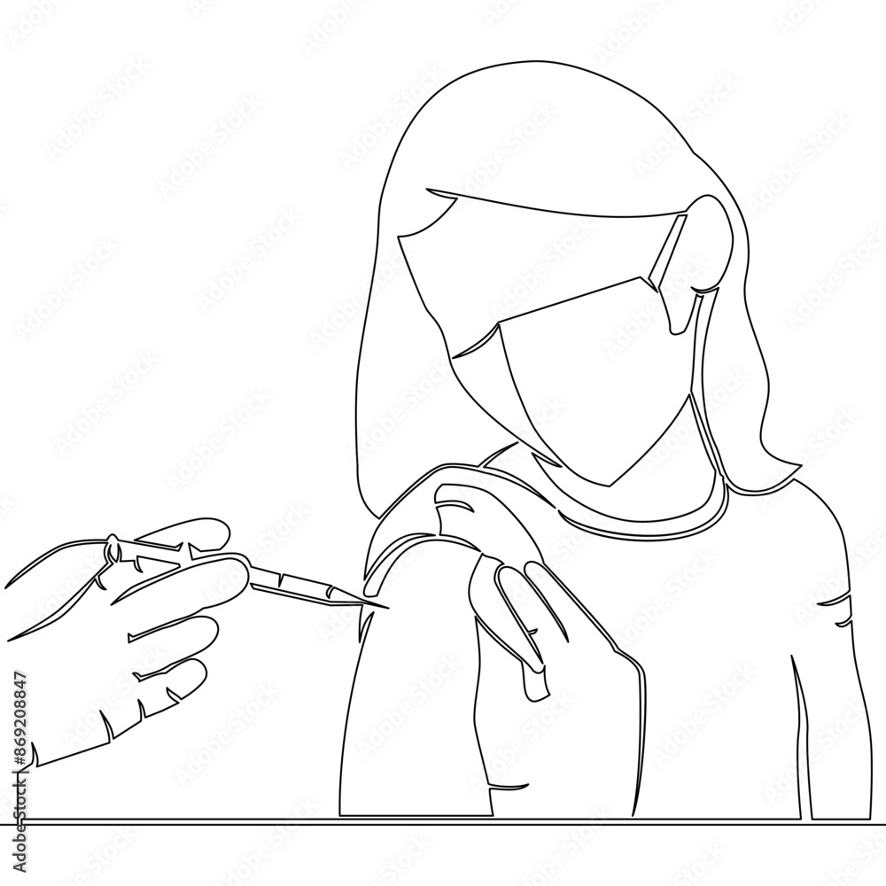 Continuous one single line drawing Pediatric doctor giving vaccine injection to young girl patient Medical healthcare treatment icon vector illustration concept Continuous one single line drawing Pediatric doctor giving vaccine injection to young girl patient Medical healthcare treatment icon vector illustration concept