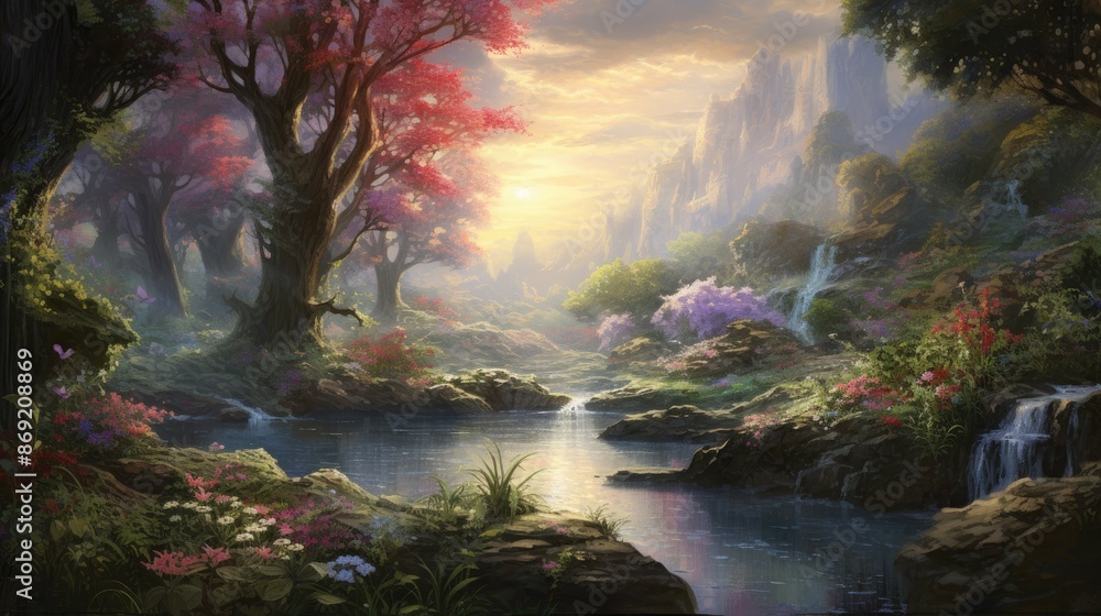 The image is a beautiful landscape painting. It shows a river flowing through a valley, with mountains in the background. The image is a beautiful landscape painting. It shows a river flowing through a valley, with mountains in the background.