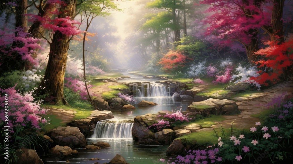A beautiful landscape painting of a forest with a waterfall. The trees are in full bloom and the flowers are in bloom. A beautiful landscape painting of a forest with a waterfall. The trees are in full bloom and the flowers are in bloom.