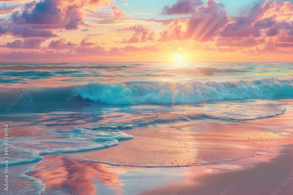 A stunning sunset over the ocean with warm orange-pink skies reflecting on the water. The sun is setting in the distance and the clouds are a mix of pink, orange, and purple. Generative AI A stunning sunset over the ocean with warm orange-pink skies reflecting on the water. The sun is setting in the distance and the clouds are a mix of pink, orange, and purple. Generative AI