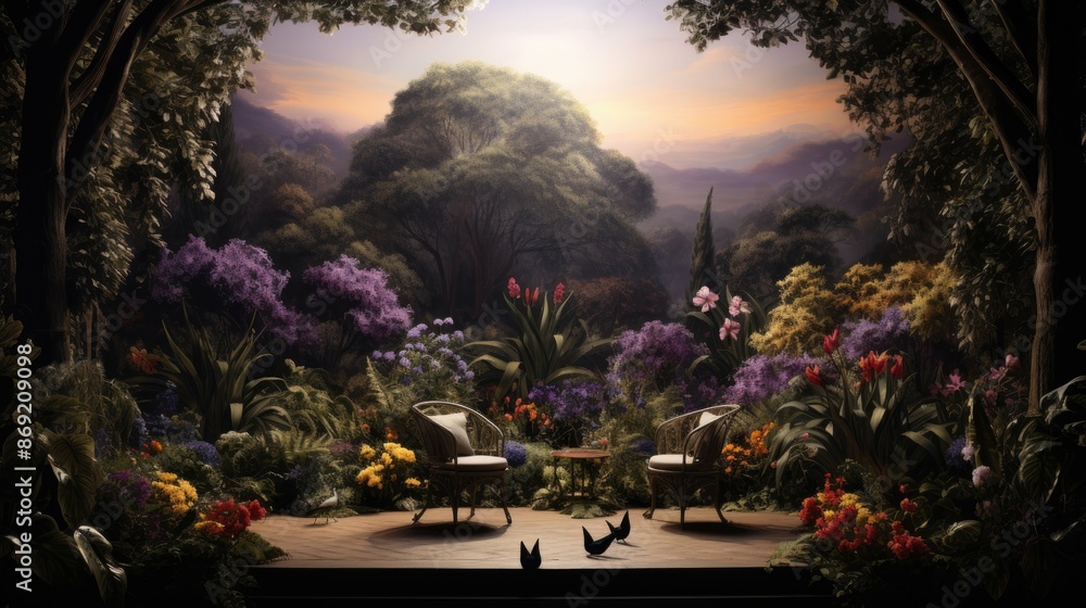 The image is a beautiful landscape of a garden with a terrace in the foreground. The image is a beautiful landscape of a garden with a terrace in the foreground.