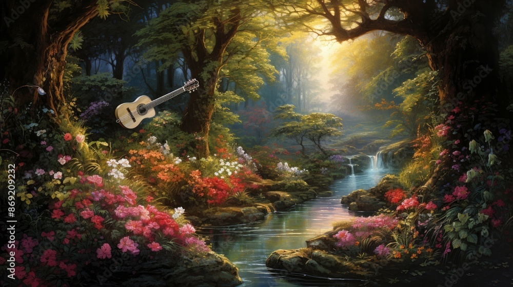 The image is a beautiful landscape of a forest with a river running through it. The image is a beautiful landscape of a forest with a river running through it.