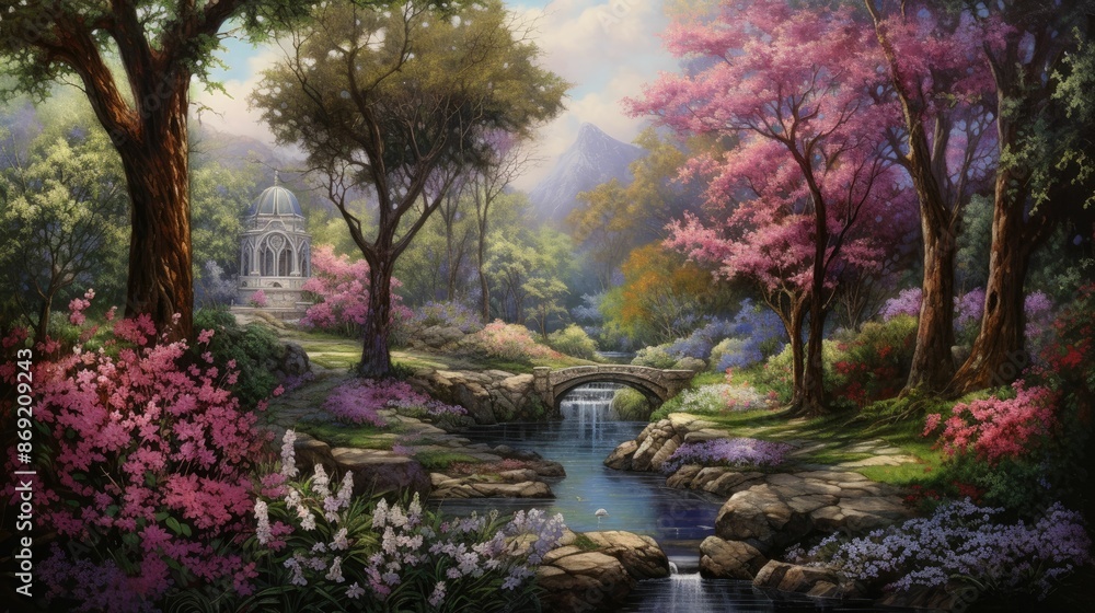 A beautiful landscape painting of a forest with a river running through it. The trees are in full bloom and the flowers are in bloom. A beautiful landscape painting of a forest with a river running through it. The trees are in full bloom and the flowers are in bloom.