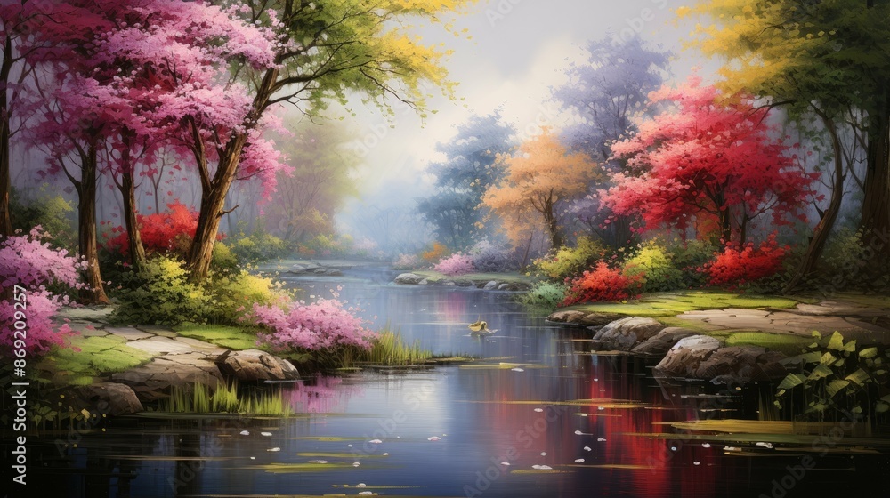 The image is of a beautiful landscape with a river running through it. The trees are in full bloom and the flowers are in bloom. The image is of a beautiful landscape with a river running through it. The trees are in full bloom and the flowers are in bloom.