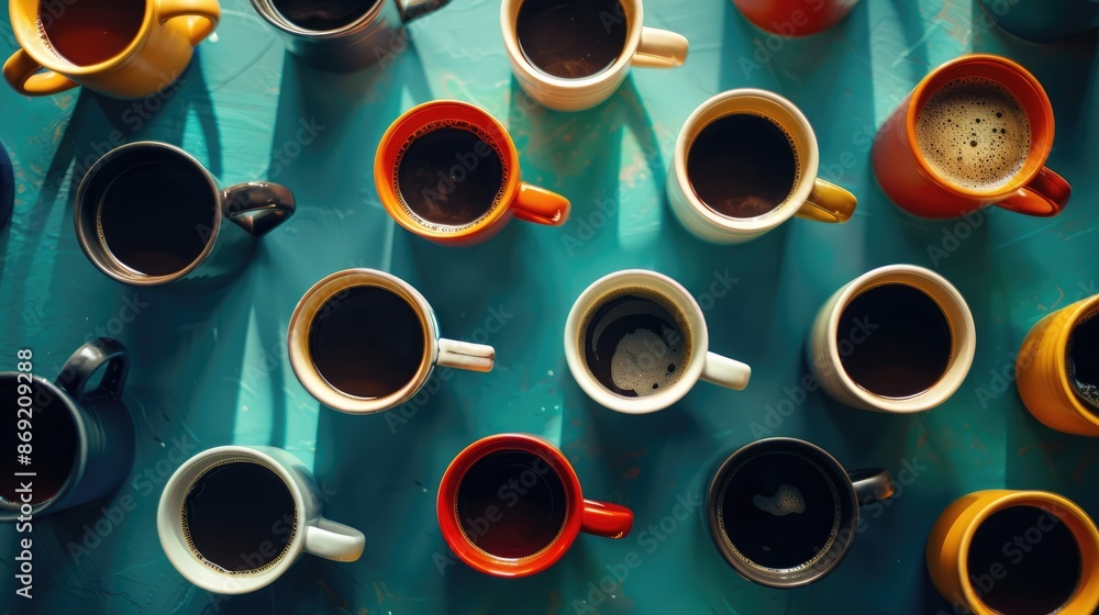 Overhead View of Coffee Mugs Arranged in a Pattern on Flat Surface Overhead View of Coffee Mugs Arranged in a Pattern on Flat Surface