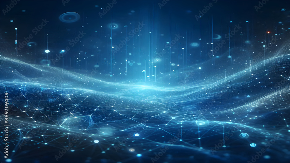 Fototapeta premium Blue abstract background with network grid and particles