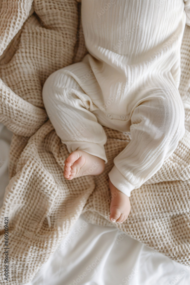 Top view of a baby wearing pajamas in white color, mockup Top view of a baby wearing pajamas in white color, mockup