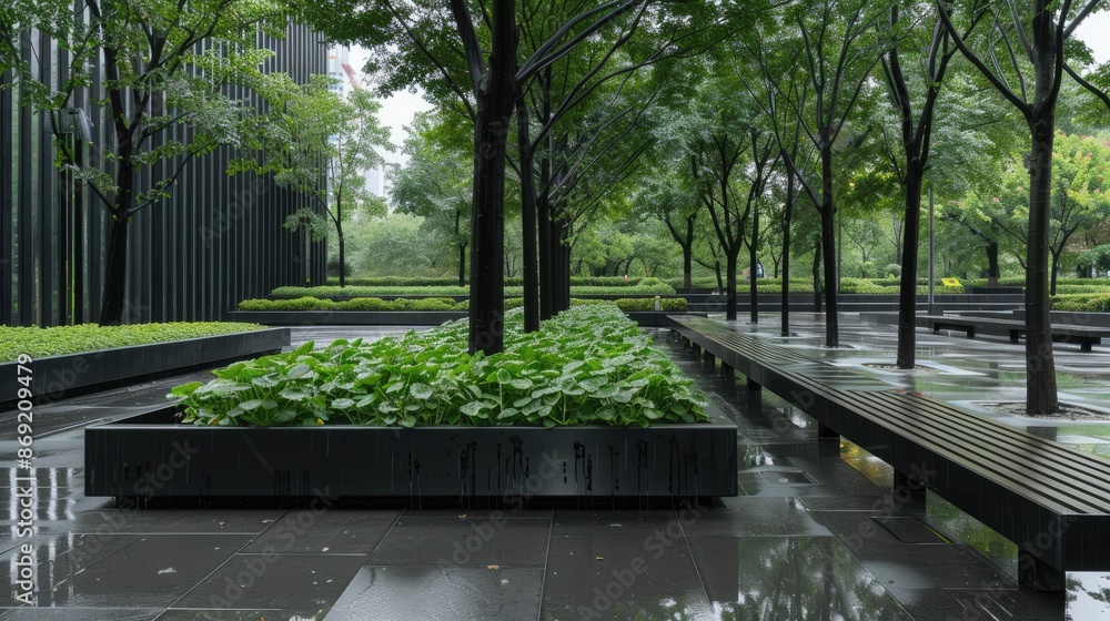 A modern planter bench sits on a city street with a pedestrian walking by. The bench is filled with various greenery and flowers.