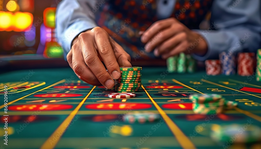 Close-up of player placing bet on roulette table in a casino. Close-up of player placing bet on roulette table in a casino.