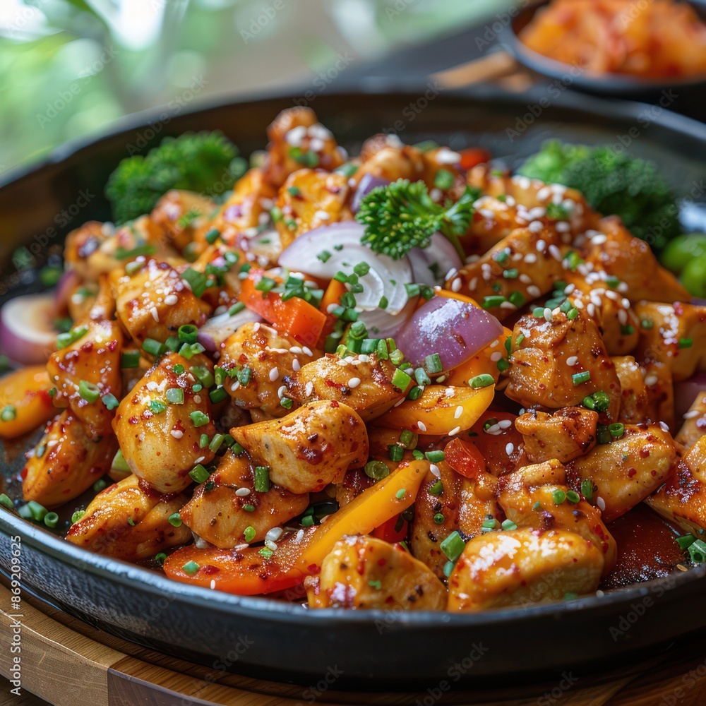 A plate of dak galbi with spicy chicken and vegetables A plate of dak galbi with spicy chicken and vegetables