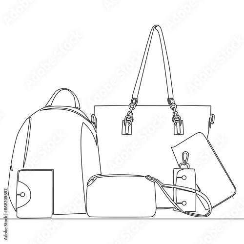 Continuous one single line drawing set of fashionable women's hand bags icon vector illustration concept