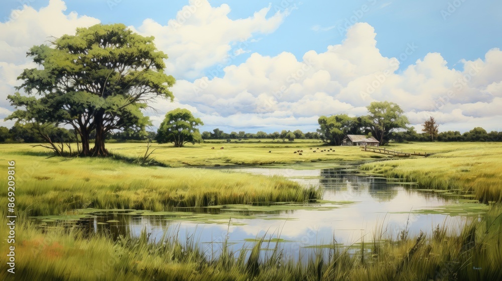 The image shows a beautiful landscape with a river, green fields, and a small house in the distance. The image shows a beautiful landscape with a river, green fields, and a small house in the distance.