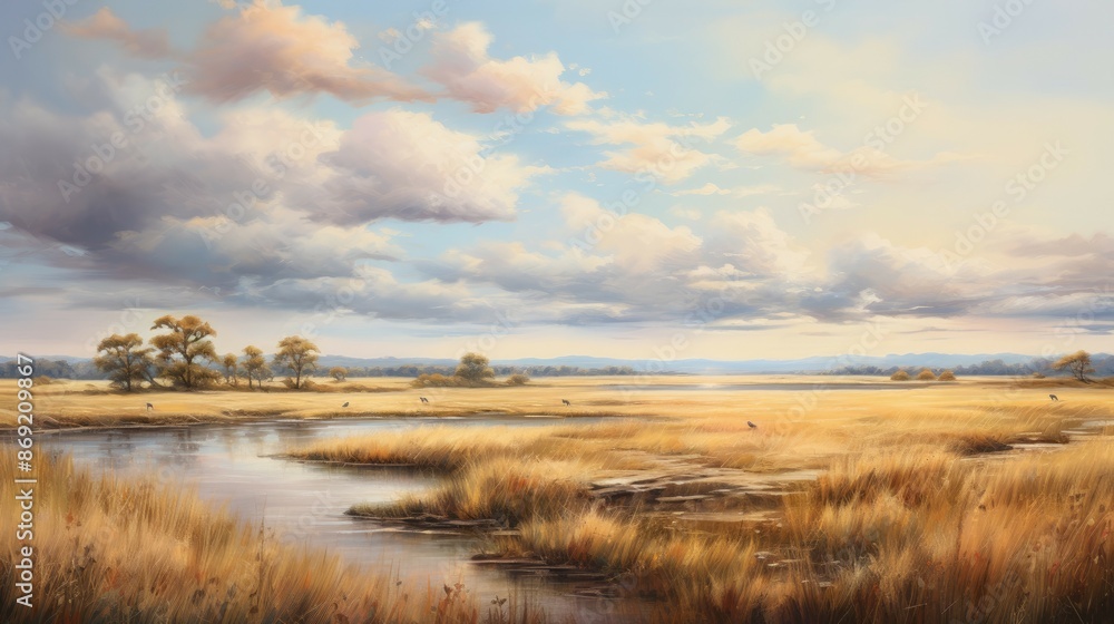 An amazing landscape with a river flowing through a grassy plain. The sky is blue and cloudy and the sun is shining brightly. An amazing landscape with a river flowing through a grassy plain. The sky is blue and cloudy and the sun is shining brightly.