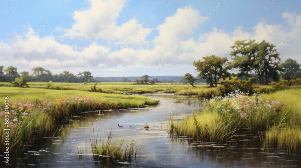Amazing landscape with river flowing through green fields. The sky is blue with white clouds. The image is peaceful and serene. Amazing landscape with river flowing through green fields. The sky is blue with white clouds. The image is peaceful and serene.