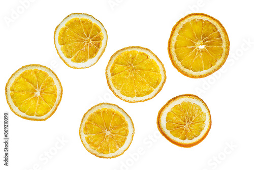 Dried slices of orange (lemon) isolated on white background.Top view