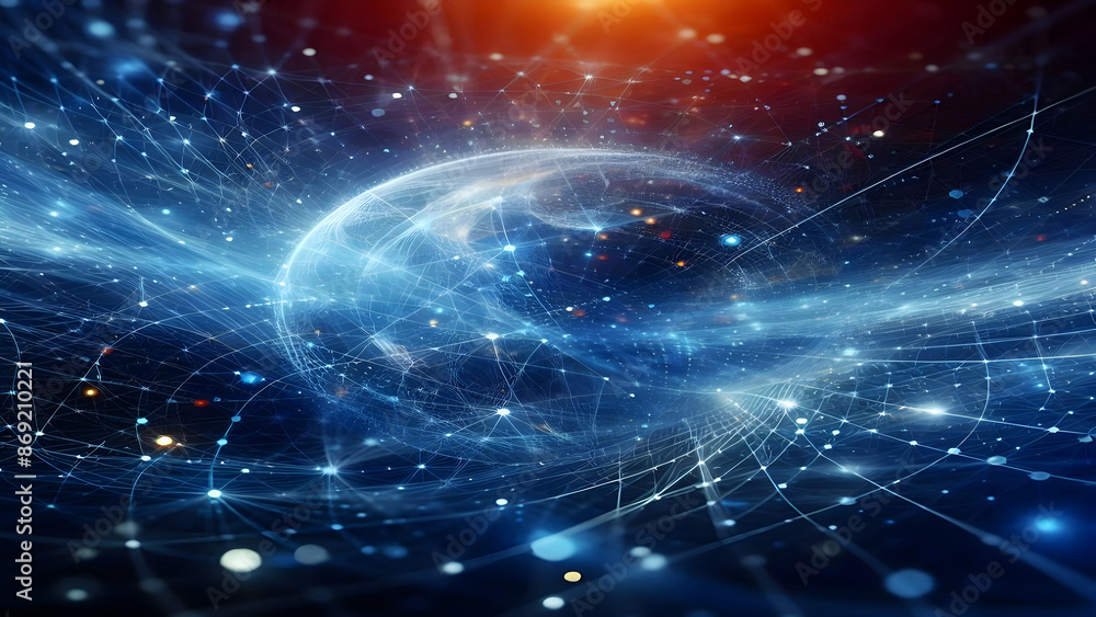 Fototapeta premium Blue abstract background with network grid and particles