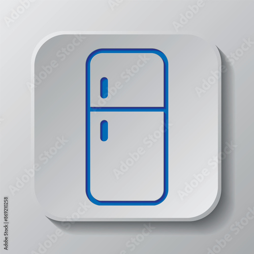 Refrigerator simple icon vector. Flat design. Paper cut design. Cutted blue symbol with shadow. Gray badge button, gray background