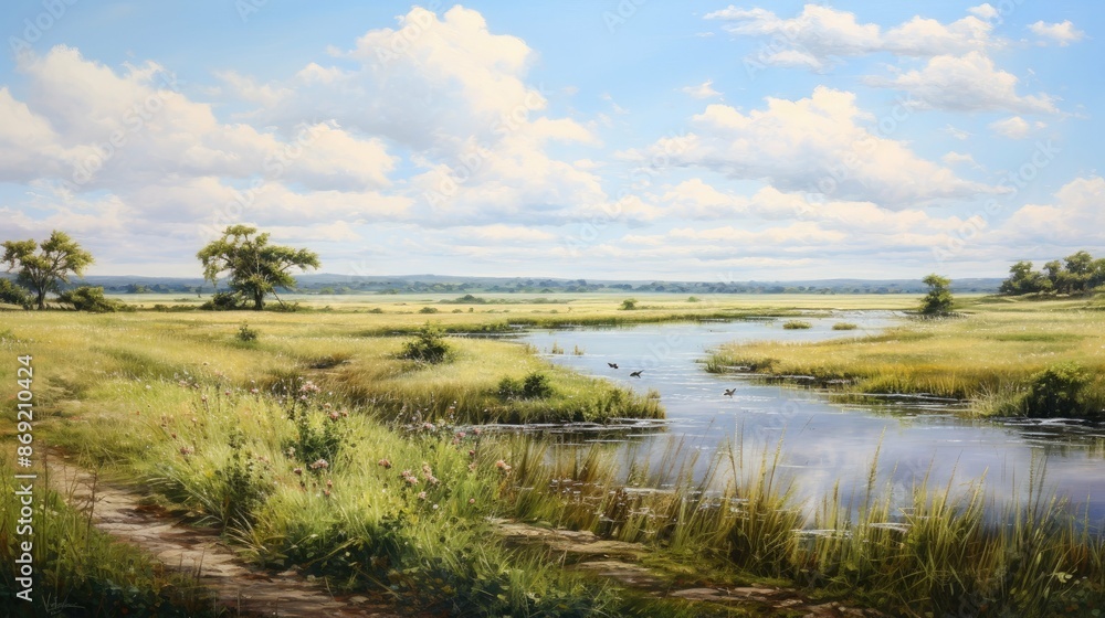 Amazing landscape with the river flowing through a green field. The sky is blue and cloudy. Amazing landscape with the river flowing through a green field. The sky is blue and cloudy.