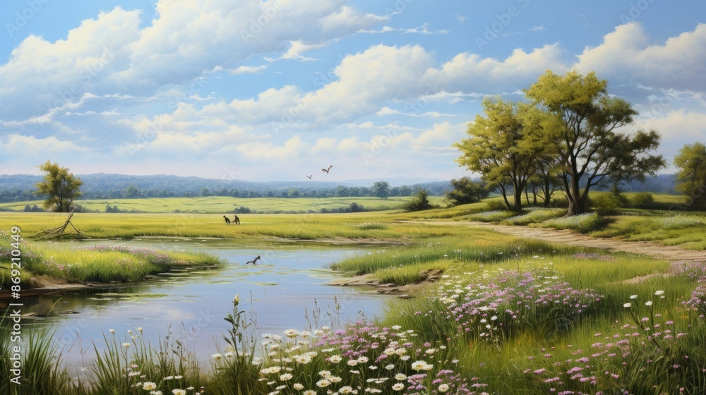 Amazing landscape with beautiful blue sky and green field with trees and flowers near the river. Amazing landscape with beautiful blue sky and green field with trees and flowers near the river.