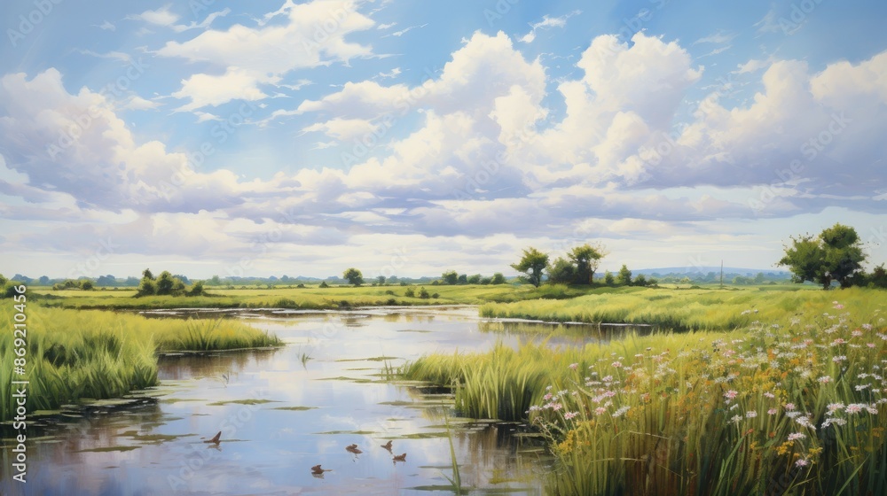 The image is of a beautiful summer day in the countryside. The sky is blue and cloudy, and the sun is shining brightly. The image is of a beautiful summer day in the countryside. The sky is blue and cloudy, and the sun is shining brightly.