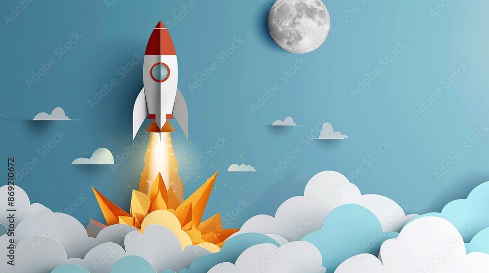 Paper cut illustration of a rocket taking off with clouds and the moon in the background. Paper cut illustration of a rocket taking off with clouds and the moon in the background.