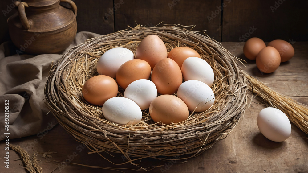 Bio natural organic free range eggs in nest on rustic wooden table. Healthy farm produce concept Bio natural organic free range eggs in nest on rustic wooden table. Healthy farm produce concept