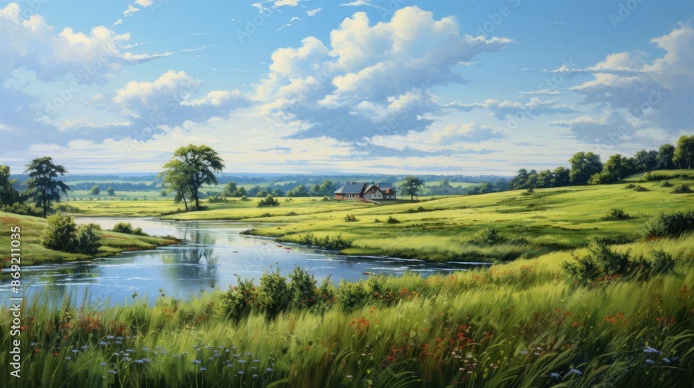 Amazing landscape with river and house in the middle. Green field with grass and flowers. Blue sky with white clouds. Amazing landscape with river and house in the middle. Green field with grass and flowers. Blue sky with white clouds.