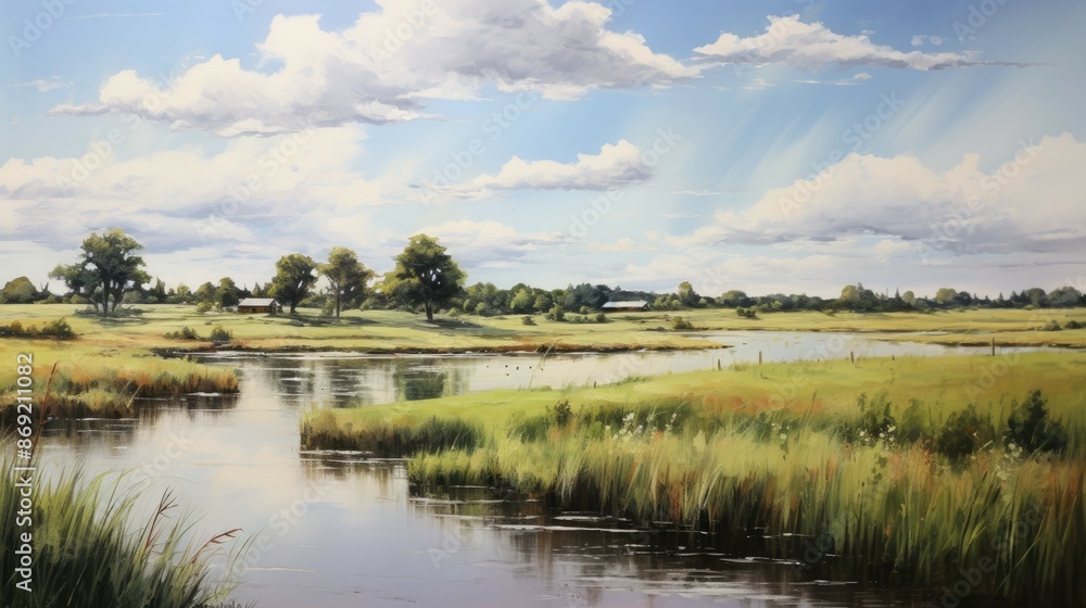 The image is of a beautiful landscape with a river running through the middle. The image is of a beautiful landscape with a river running through the middle.