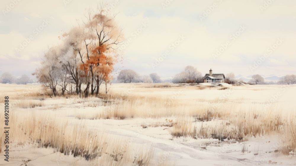 The painting is in a realistic style and depicts a rural scene. The time of day is winter, and the ground is covered in snow. The painting is in a realistic style and depicts a rural scene. The time of day is winter, and the ground is covered in snow.