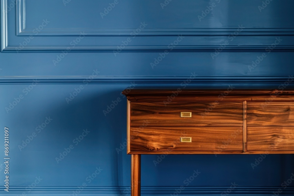An elegant yew wood side table with brass handles, set against a deep blue luxury house wall. An elegant yew wood side table with brass handles, set against a deep blue luxury house wall.