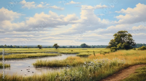 Fototapeta Naklejka Na Ścianę i Meble -  Amazing view of a beautiful landscape with a river, green fields and trees under a cloudy sky.