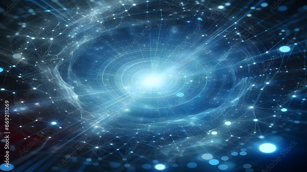 Obraz premium Blue abstract background with network grid and particles