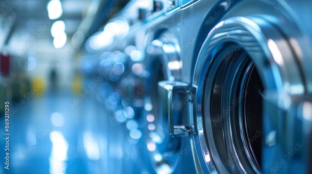 Fototapeta premium A close-up shot of a row of industrial laundry machines in a factory setting. The machines are clean and shiny, reflecting the blue light that illuminates the space