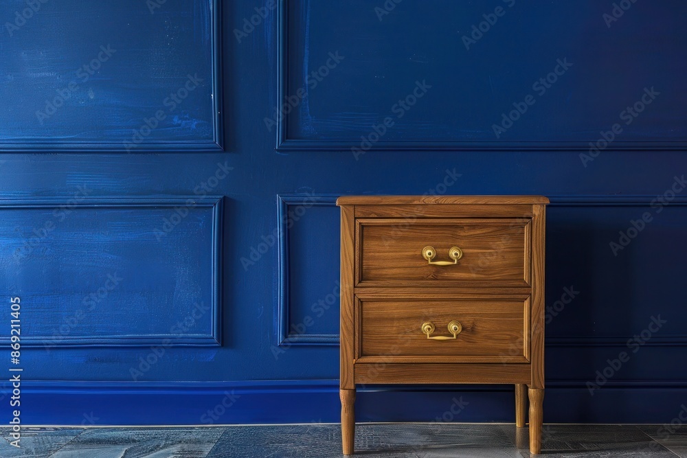 An elegant yew wood side table with brass handles, set against a deep blue luxury house wall. An elegant yew wood side table with brass handles, set against a deep blue luxury house wall.
